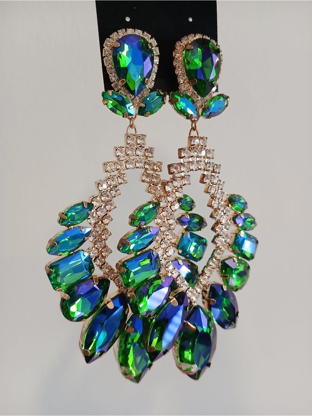 Crystal Teardrop Chandelier Earrings in Green and Blue - Unbranded